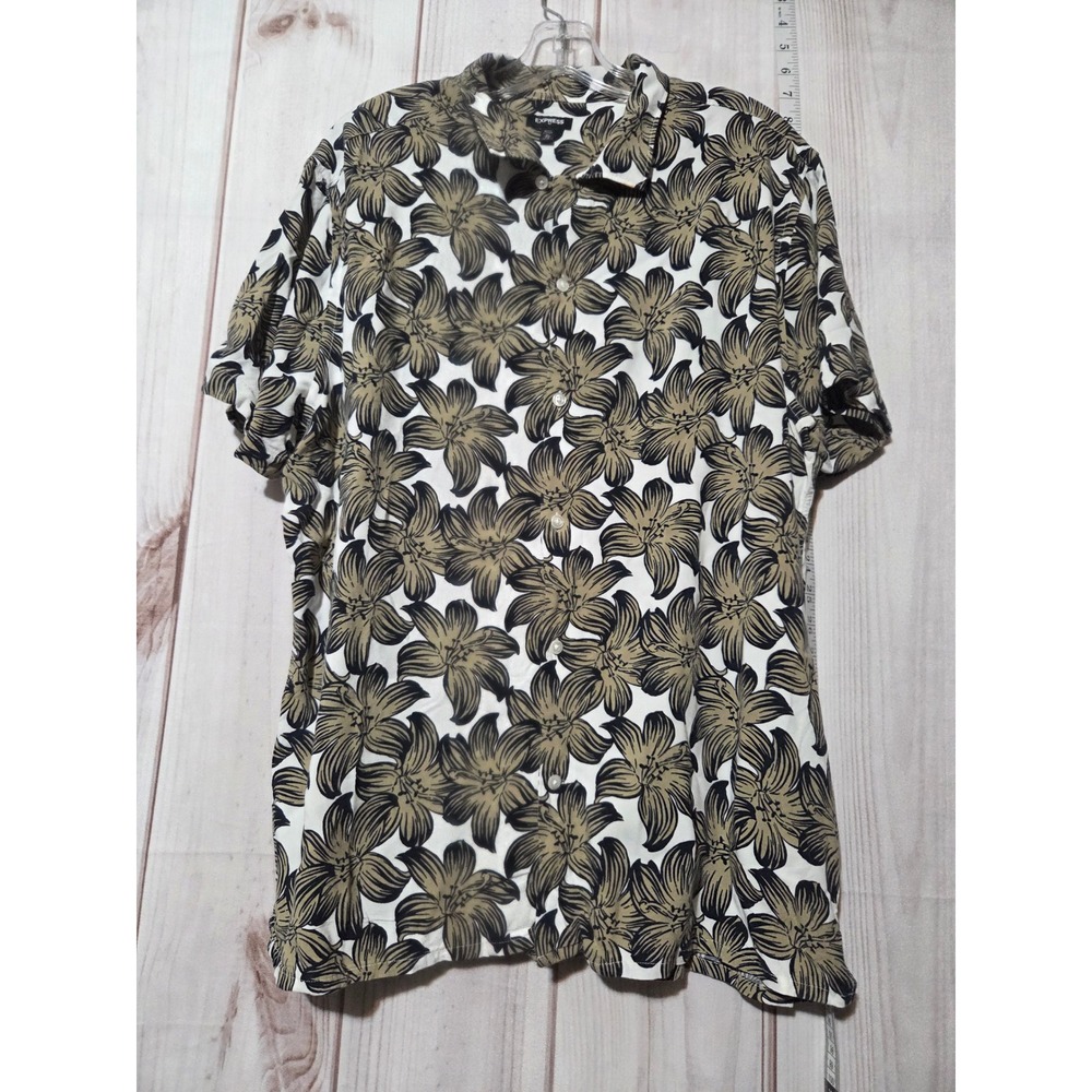 EXPRESS Men's XL‎ Tropical Floral Button Up Short Sleeve Shirt Rayon Beige Black